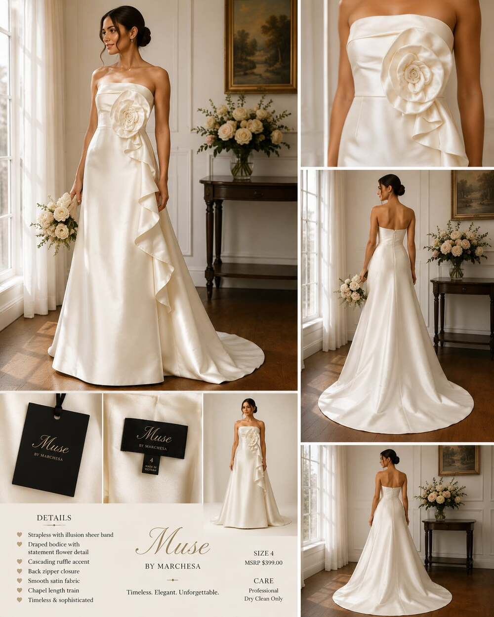 Muse by Marchesa Radiant Glamour Strapless Satin Wedding Dress with Rosette and